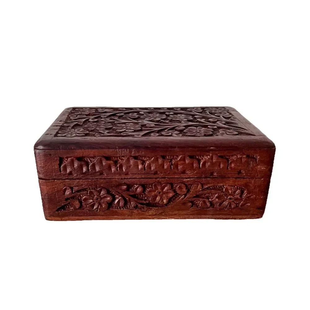 Wood Hand Carved Ornate Trinket Box - India Blue Velvet Inside 6” x 3.75” x 2”